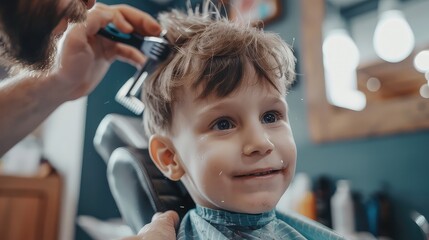 The barber using clippers to trim the child's hair while the child watches with fascination.
