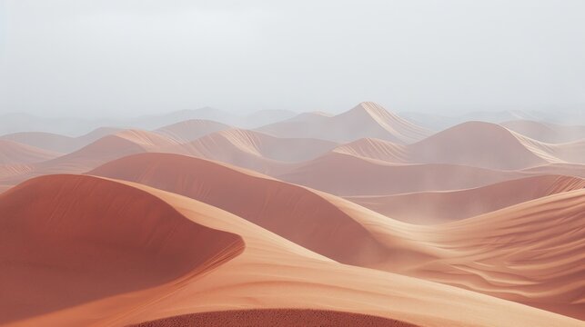 3d rendering of beautiful desert dunes with light fog. Generate AI image