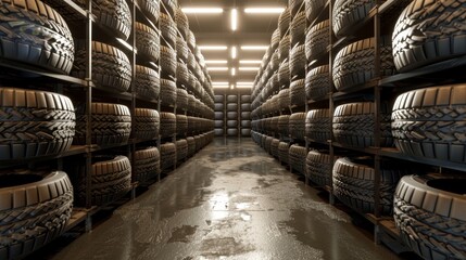 Diverse selection of top-quality new car tires in stock at spacious warehouse for purchase