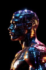 cybernetic figure composed of fluid computer code