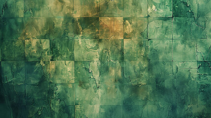 Asian-inspired Watercolor Texture, Aerial View of Green & Brown Square Pattern