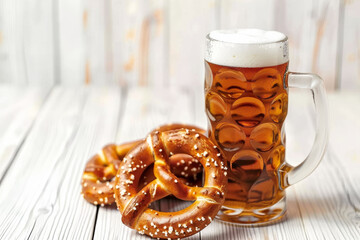 Beer and Pretzel on Bright Wooden Table