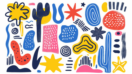 Fun colorful abstract line doodle shape set. Creative minimalist style art symbol collection for children or party celebration with modern shapes. Simple upbeat childish drawing scribble decoration.