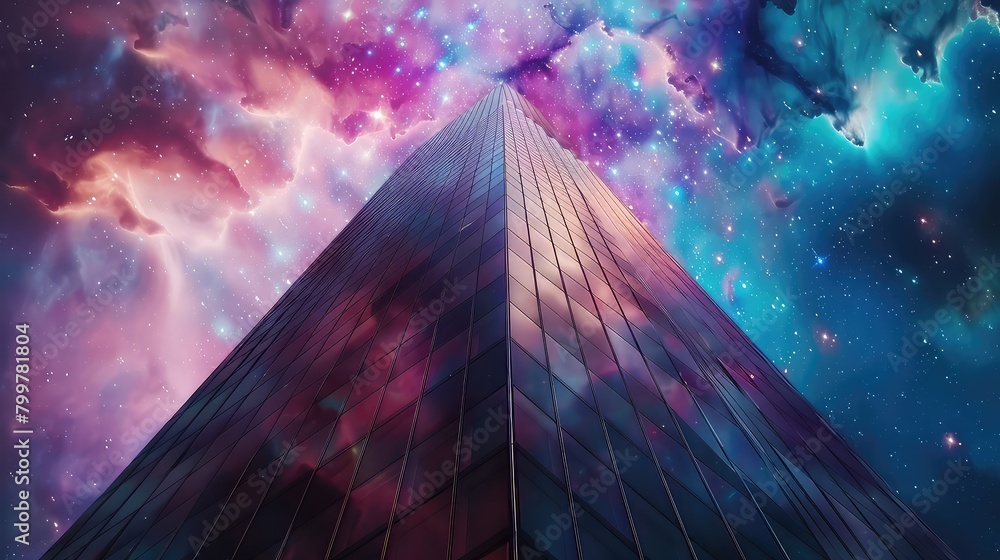 Poster a conceptual image of a modern skyscraper blended with space and galaxy elements, symbolizing innova