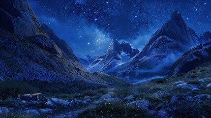 A tranquil mountain meadow bathed in moonlight, surrounded by towering peaks under a sky filled with stars and soft blue lights casting an ethereal glow. 