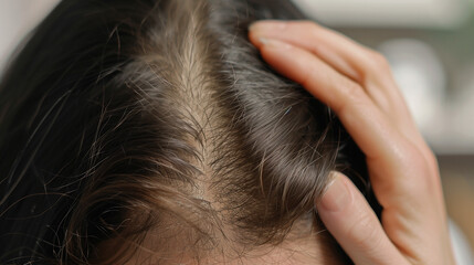 close-up of a woman's head and hair in androgenetic alopecia. the problem of thinning hair. hair loss