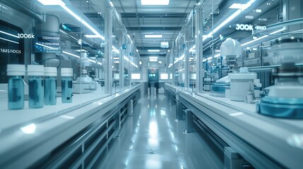 A futuristic pharmaceutical manufacturing floor. Show data flowing, wireless sensors on machines, and the cloud above. Generative AI.