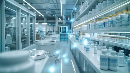 Obraz premium A futuristic pharmaceutical manufacturing floor. Show data flowing, wireless sensors on machines, and the cloud above. Generative AI.