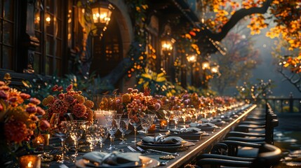 An elegant Thanksgiving table set with seasonal decor, soft evening lighting, side view of autumn dinner scene.