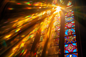 Celestial beams fracture through stained glass in a myriad of colors.