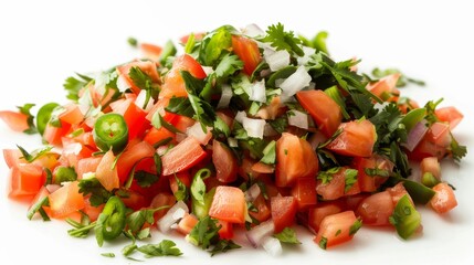 Vibrant close-up of Pico de Gallo, featuring fresh diced tomatoes, onions, jalapenos, and cilantro, with a sprinkle of lime juice and salt, isolated on a white background, studio lighting