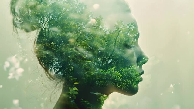 Double exposure of man's head and green forest