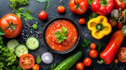 Top view of vibrant gazpacho surrounded by its fresh ingredients like ripe tomatoes, crisp bell peppers, and cucumbers, studio-lit with a raw style on isolated background