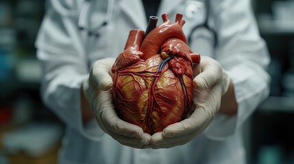 Close-up of a human heart in the hands of a doctor