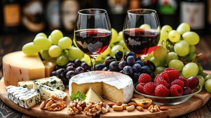 On a wooden background, a cheese platter with organic cheeses, fruits, nuts, and wine is displayed. Tasty cheese starter. Generative AI.