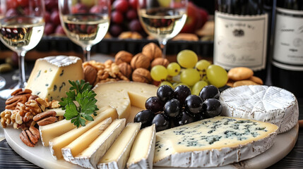 On a wooden background, a cheese platter with organic cheeses, fruits, nuts, and wine is displayed. Tasty cheese starter. Generative AI.