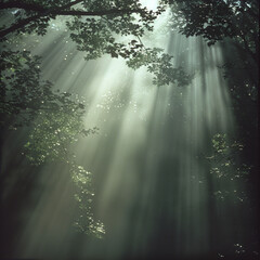 Celestial rays of sunlight filtering through fog,