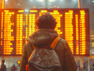 airport departure board cinematic people looking - obrazy, fototapety, plakaty