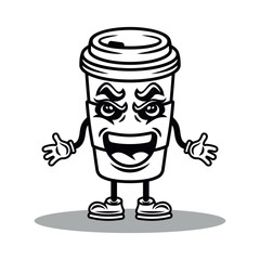 Coffee paper cup cartoon mascot character vector illustration in vintage monochrome style isolated on white background