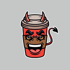 Devil coffee paper cup cartoon character vector illustration in colored style