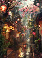 A painting of a city street with lanterns hanging from tree branches