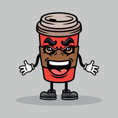 Coffee paper cup cartoon mascot character vector illustration in colorful style on grey background