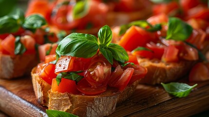 Macro shot of freshly prepared bruschetta, highlighting vibrant tomatoes and fresh basil on crispy bread, olive oil sheen, isolated studio backdrop