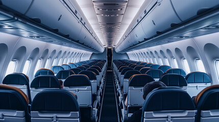 plane seats and isle from the point of view of a sitting passenger