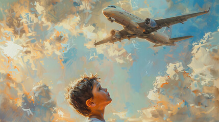 a young boy was looking up the sky with a plane in the air