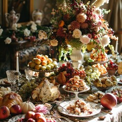 Fototapeta premium Thanksgiving flyer showcases a classic feast setup with stylish text and autumn hues.