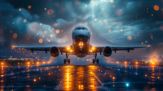 Airbus A320 taking off on a stormy day