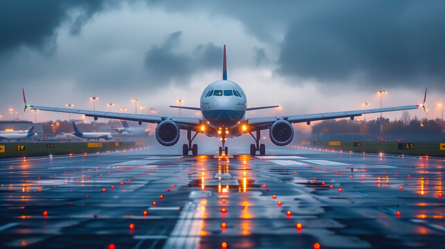 Airbus A320 taking off on a stormy day