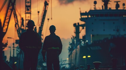 Fototapeta premium A captivating image of two dock workers in the foreground of a shipyard, with blurred cranes and maritime vessels in the background.