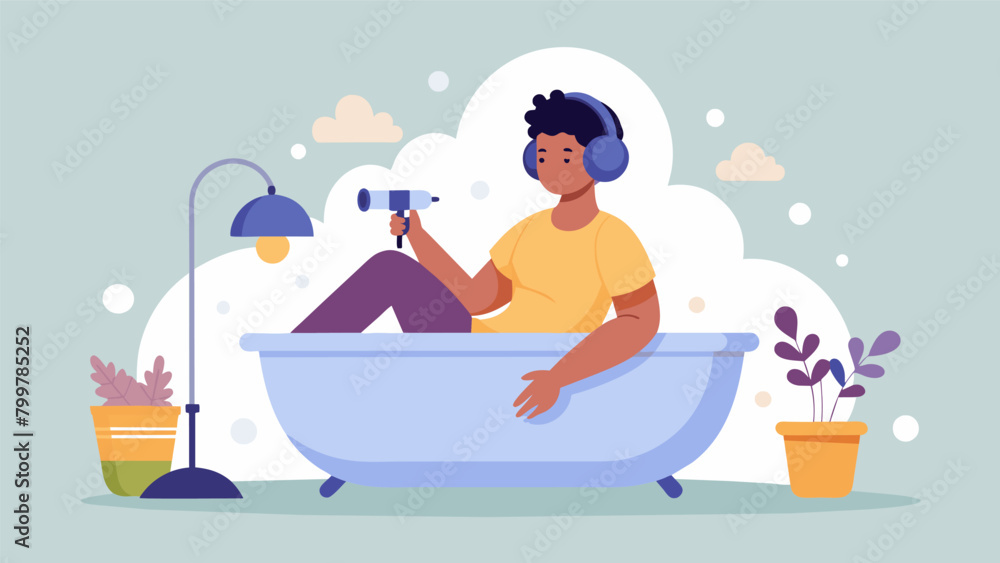 Poster a person unwinding after a long day relaxing in a bubble bath while listening to a personal growth p