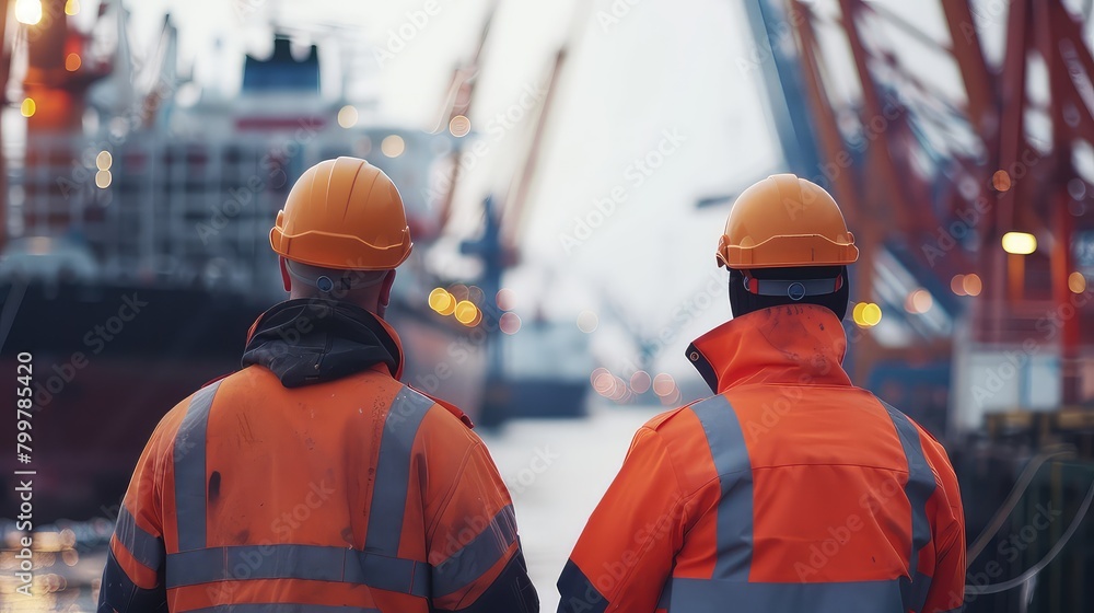 Aufkleber a captivating stock photo showcasing the rear view of two dock workers observing operations in a bus
