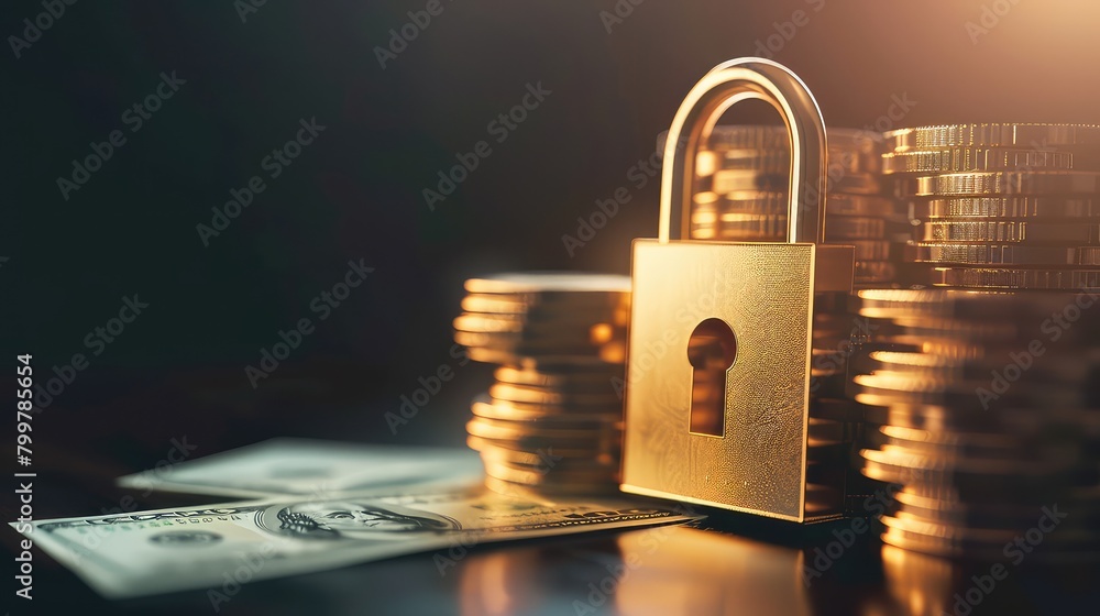 Poster a conceptual image featuring a padlock integrated with a stack of money, symbolizing the concept of 