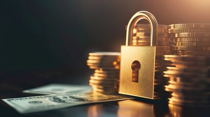 A conceptual image featuring a padlock integrated with a stack of money, symbolizing the concept of safeguarding financial assets and ensuring profitable investments in a vector illustration. 