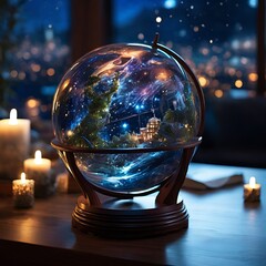 Galaxy sky view into crystal ball globe on the table