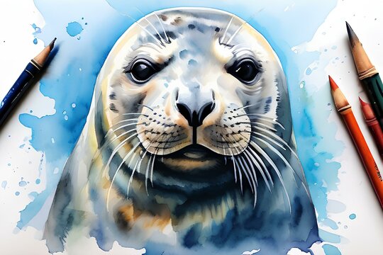 Draw an image of a seal in watercolor. Generative AI