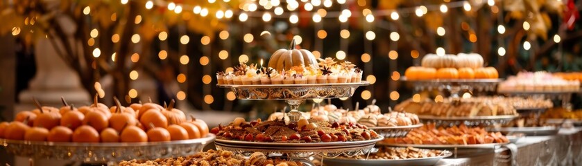 The lavish Thanksgiving spread, adorned with fall foliage and pumpkins, glows under gentle string lights.