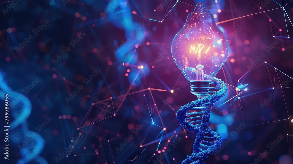 Poster a dynamic 3d graphic composition showcasing an abstract blue light bulb casting its glow on an intri