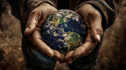 An image of two hands cupping a small, detailed model of the Earth, depicting the concept of global care and protection - Powered by Adobe