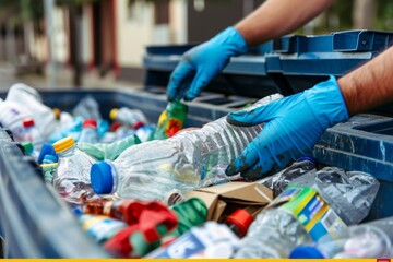 Obraz premium Sorting waste in blue gloves for recycling, isolated background, waste management
