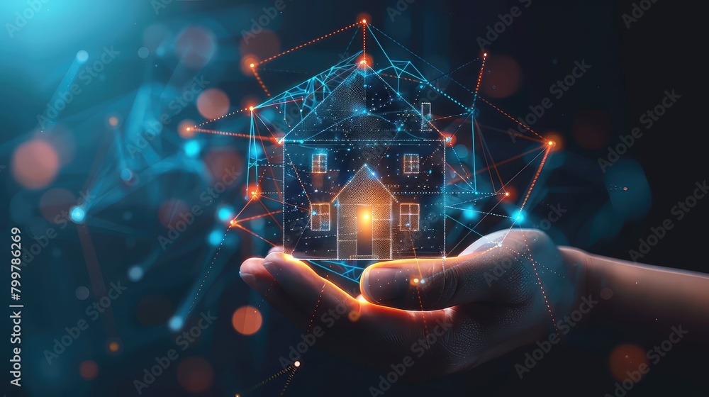 Poster a dynamic composition featuring an open hand offering a low-poly country house icon, with intersecti