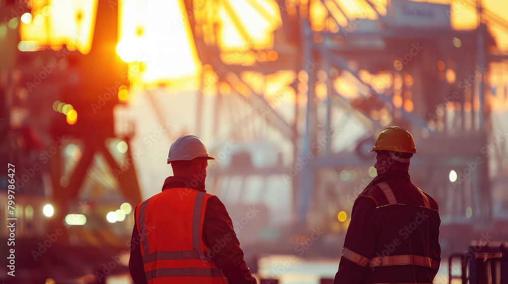 Aufkleber a dynamic photo capturing the back view of two dock workers coordinating activities in a shipyard, w