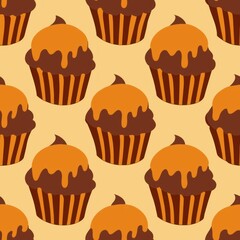 Seamless pattern of caramel cupcakes drizzled with rich caramel sauce, Generative AI