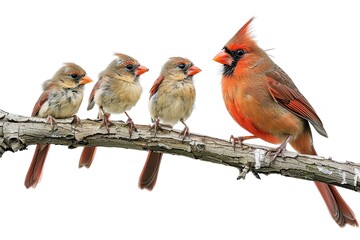 beautiful northern cardinal bird and baby birds standing in a branch of tree isolated on white 