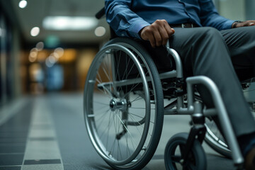 Fototapeta premium Close-up of hand on wheelchair wheel. shot of a person's hand navigating a wheelchair, highlighting accessibility and mobility in a subtle, dignified manner