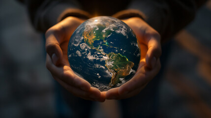 Warm hands gently hold a realistic miniature representation of Earth, signifying themes of guardianship and conservation