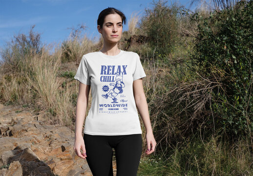 Mockup of woman wearing customizable sports t-shirt outdoors